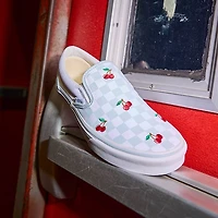 Vans Classic Slip-On Cherries & Checkers Skate Shoe - Light Blue / True White