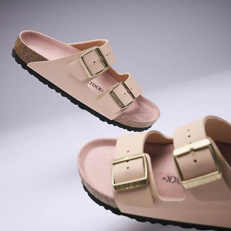 Womens Birkenstock Arizona Slide Sandal - Triples New Beige / Pink Clay