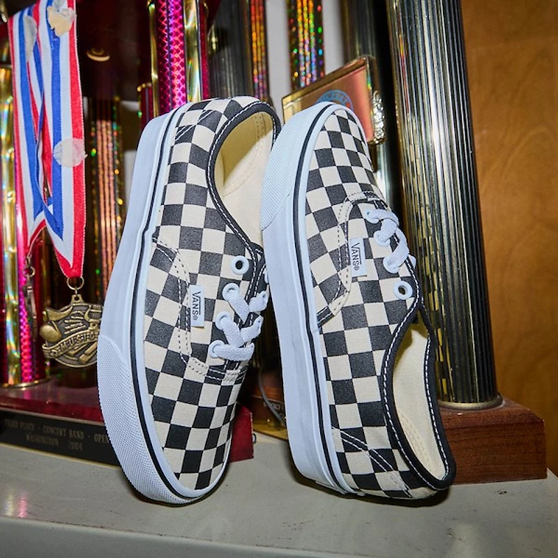 Vans Authentic Checkerboard Skate Shoe - Little Kid Black / True White