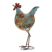 Blue Floral Metal Rooster Statue