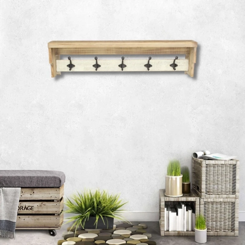 Distressed Wall Shelf with Hooks