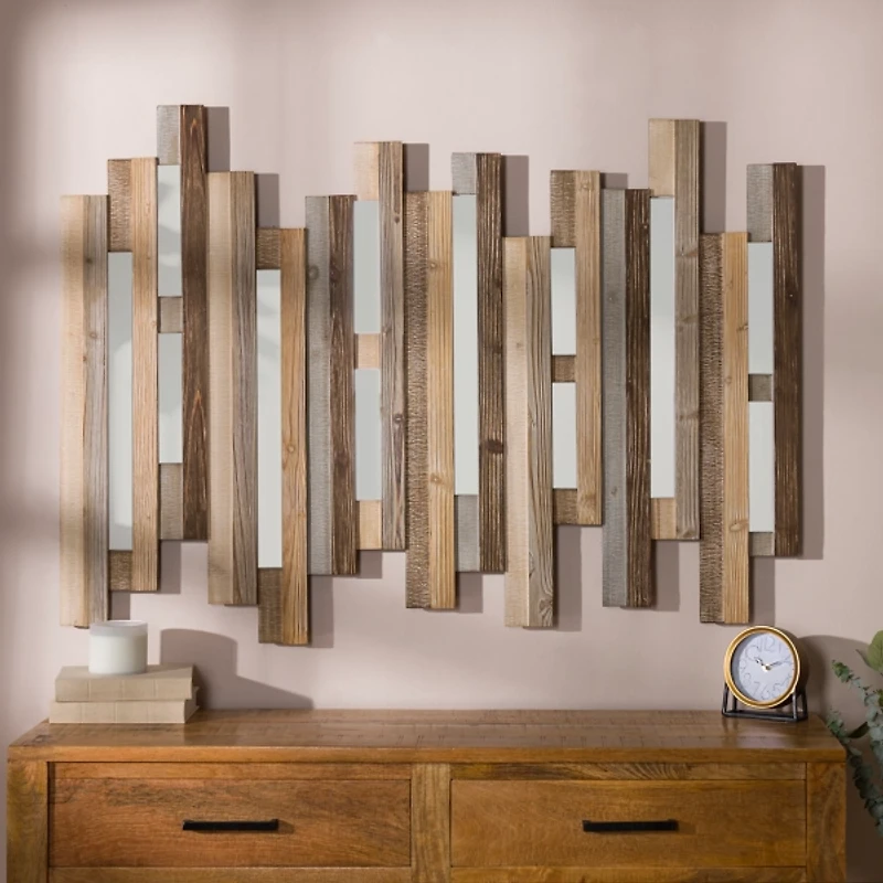 Natural Wooden Planks Mirrored Wall Plaque