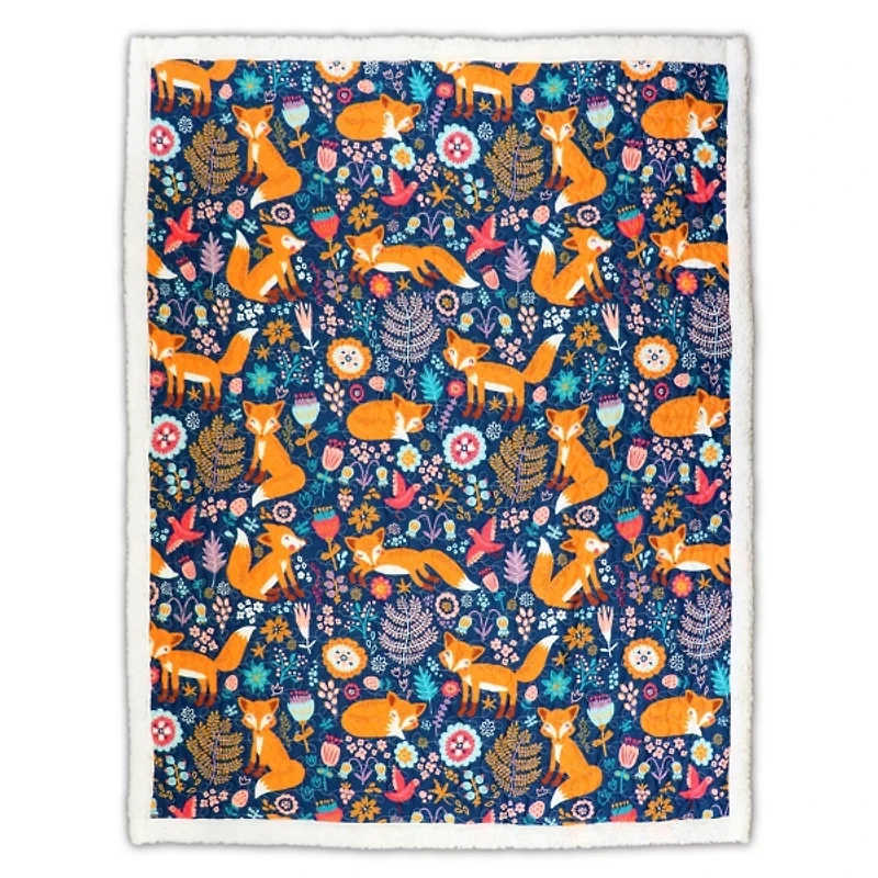 Navy Pixie Fox Sherpa Blanket