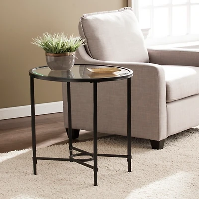 Lila Glass and Black Metal Oval Accent Table