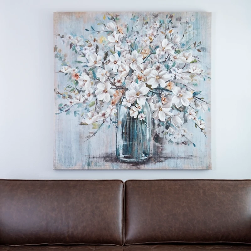 White and Blue Soft Floral Canvas Art Print