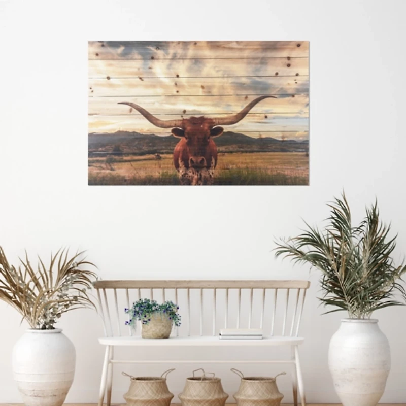 Longhorn Stare Wood Art Print