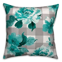 Teal Floral Buffalo Check Outdoor Pillow