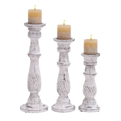 White Distressed Mango Candle Holders, Set of 3