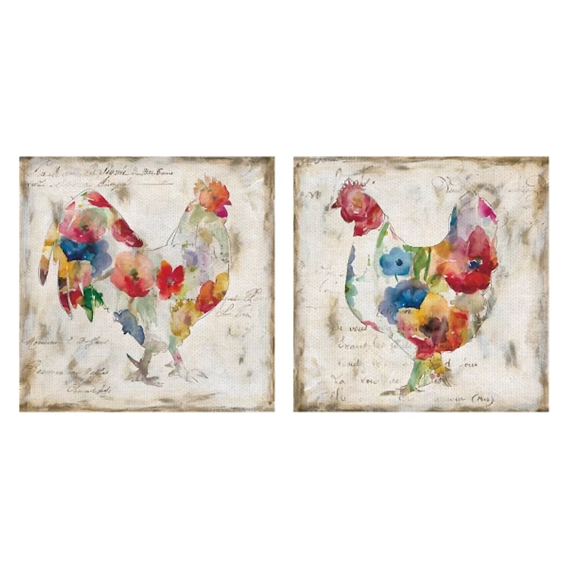 Flowered Chicken Canvas Art Print, Set of 2