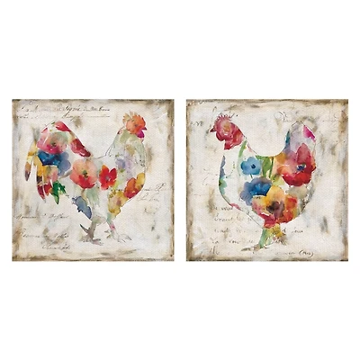 Flowered Chicken Canvas Art Print, Set of 2