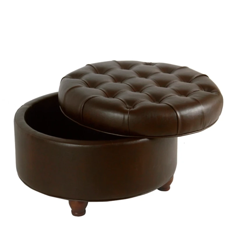 Brown Faux Leather Tufted Round Storage Ottoman
