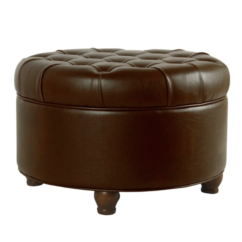 Brown Faux Leather Tufted Round Storage Ottoman