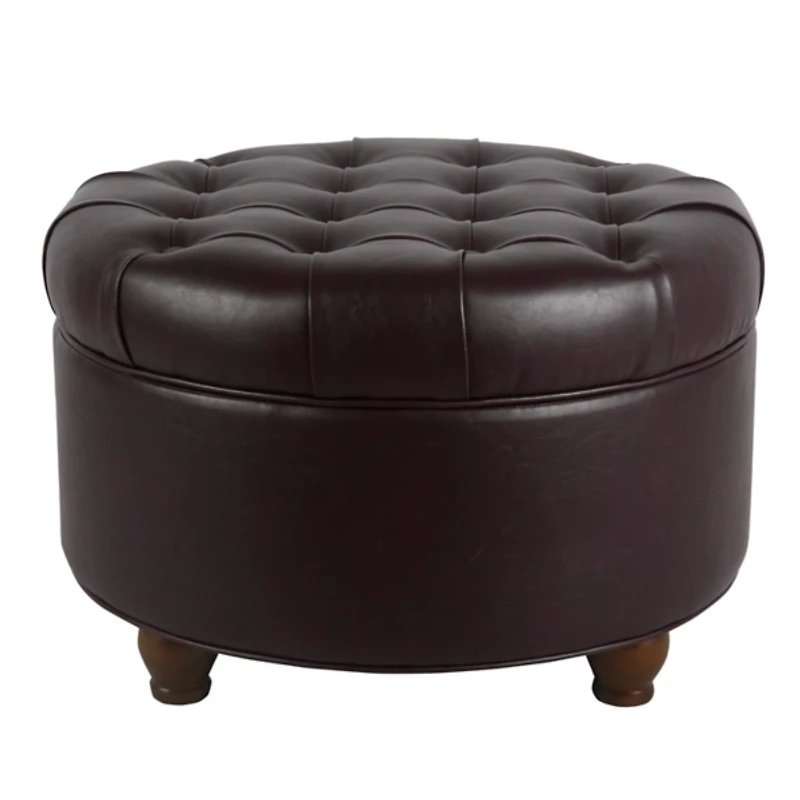 Brown Faux Leather Tufted Round Storage Ottoman