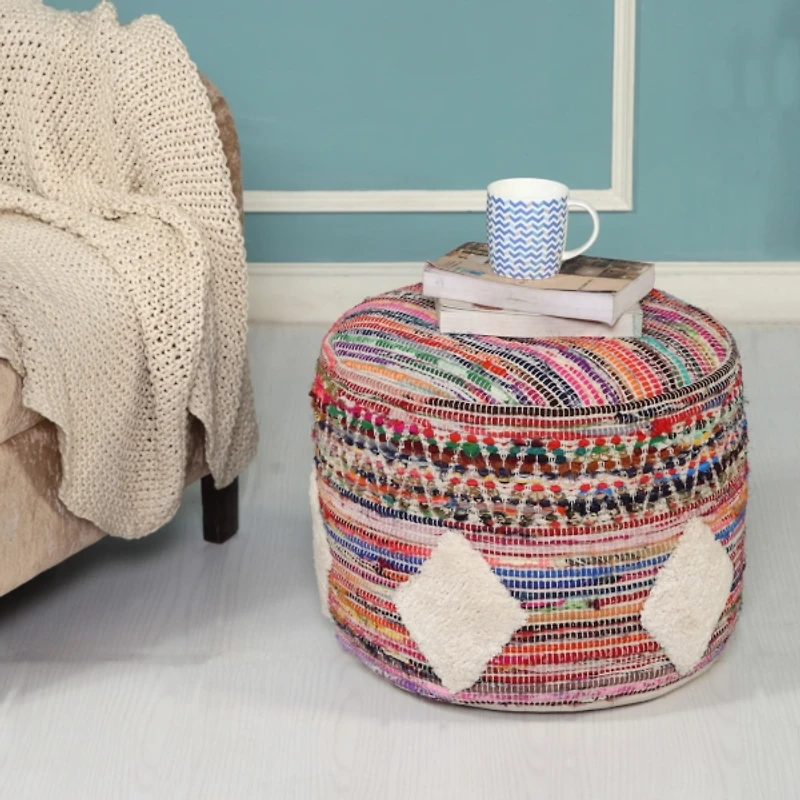 Diamond Tufted Multi Chindi Pouf