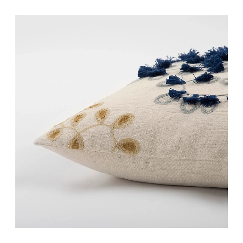Blue and Gold Floral Fringe Pillow