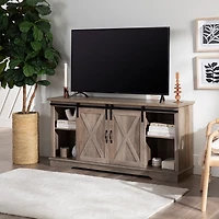 Sliding Barn Door Open Shelf Gray Wash TV Stand