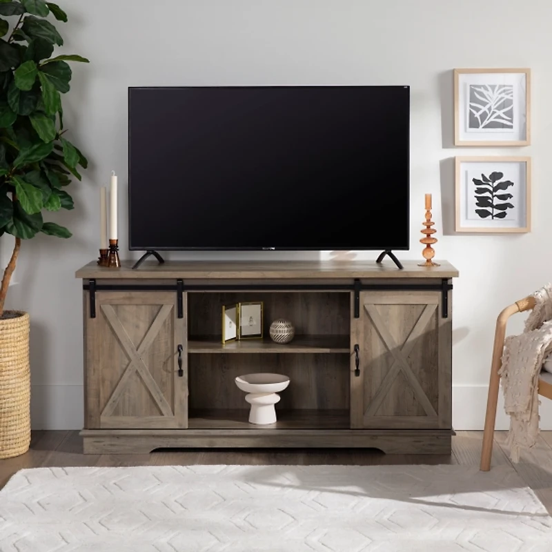 Sliding Barn Door Open Shelf Gray Wash TV Stand