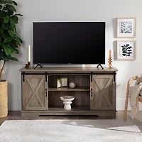 Sliding Barn Door Open Shelf Gray Wash TV Stand