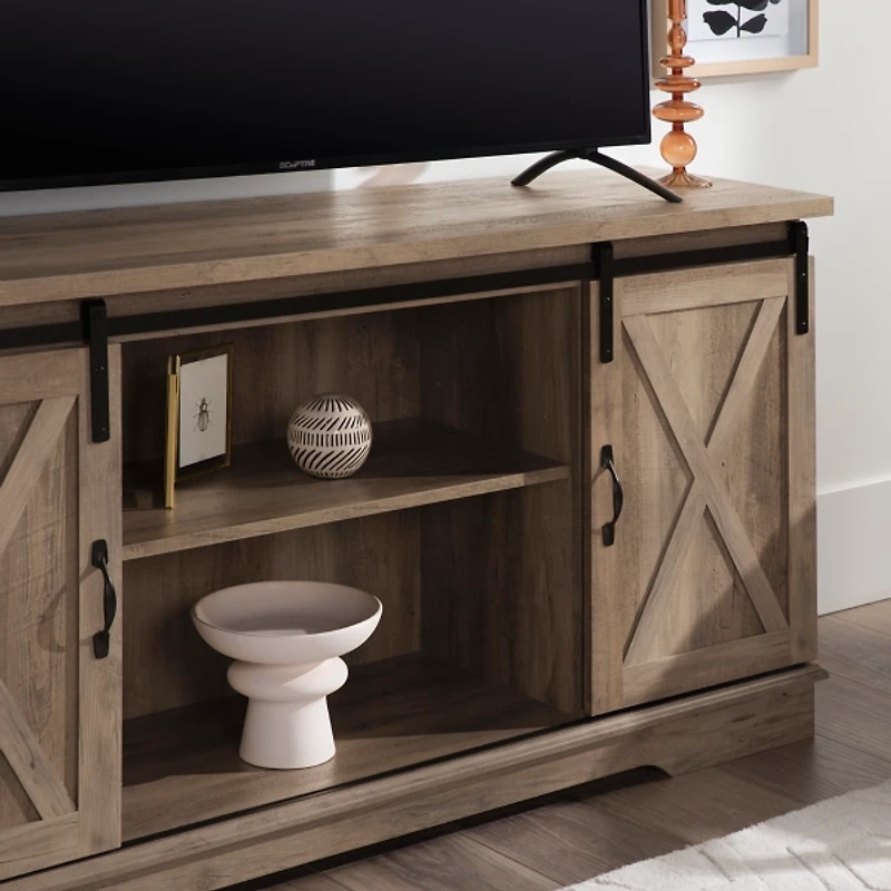 Sliding Barn Door Open Shelf Gray Wash TV Stand