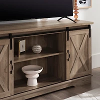 Sliding Barn Door Open Shelf Gray Wash TV Stand