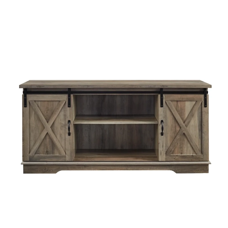Sliding Barn Door Open Shelf Gray Wash TV Stand