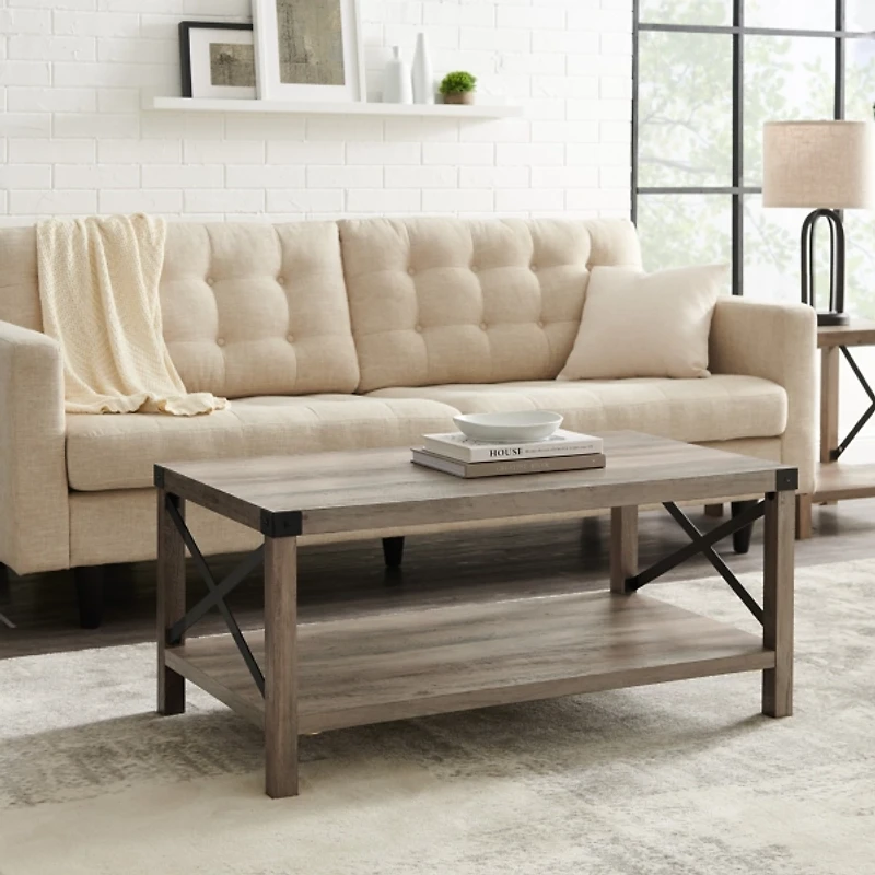 Gray Wash Industrial X-Frame Coffee Table