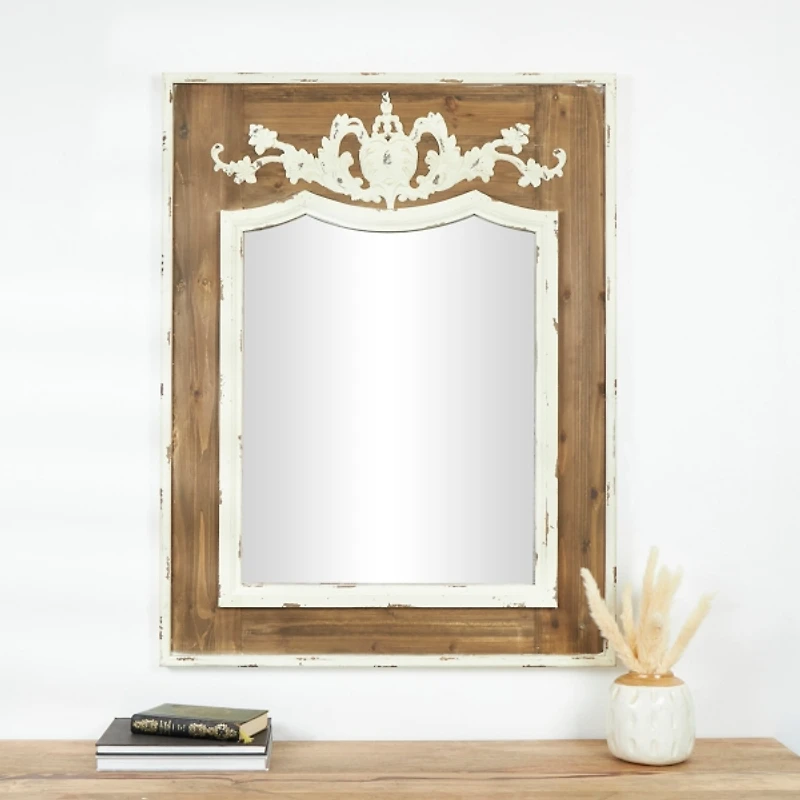 Ornate Antique White Wood Wall Mirror