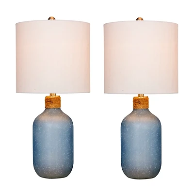 Frosted Blue Coastal Bottle Table Lamps, Set of 2