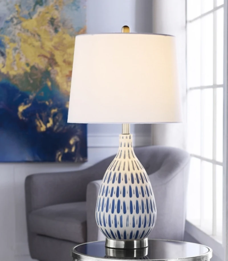 Blue Off-White Ceramic and Steel Table Lamp