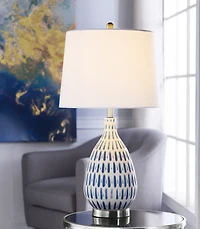 Blue Off-White Ceramic and Steel Table Lamp