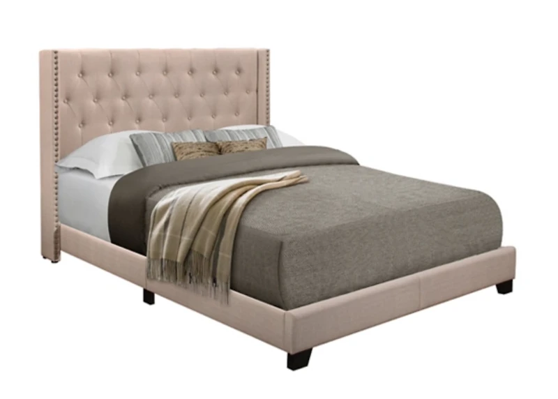 Beige Upholstered Button Tufted Wing Queen Bed
