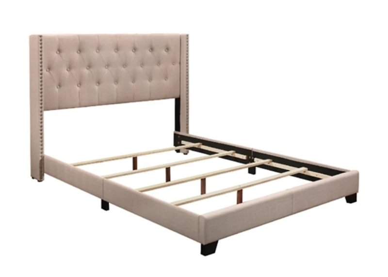 Beige Upholstered Button Tufted Wing Queen Bed