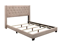 Beige Upholstered Button Tufted Wing Queen Bed