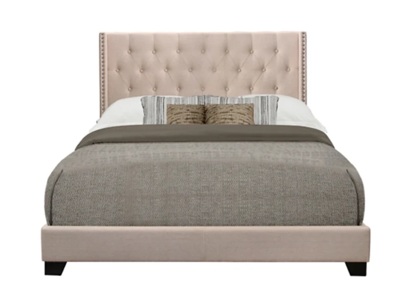 Beige Upholstered Button Tufted Wing Queen Bed