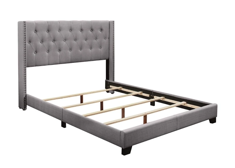 Gray Upholstered Button Tufted Wing King Bed