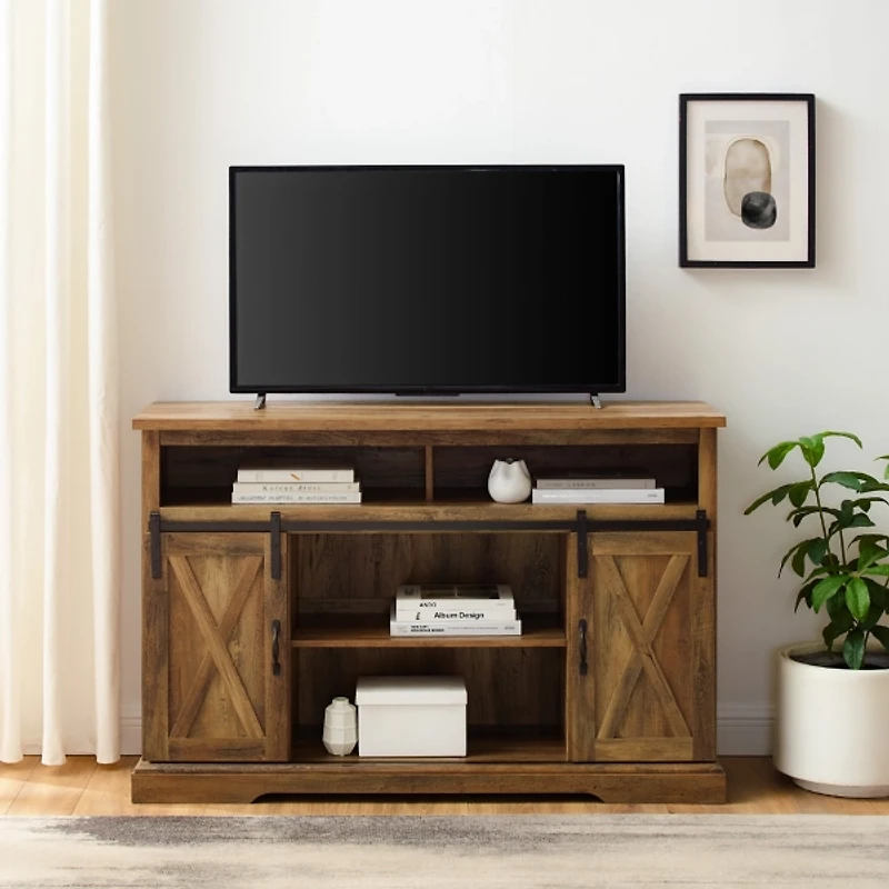 Rustic Oak Sliding Barn Door Highboy TV Stand
