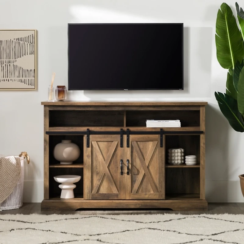 Rustic Oak Sliding Barn Door Highboy TV Stand