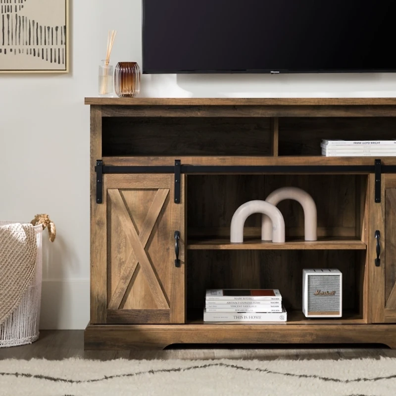 Rustic Oak Sliding Barn Door Highboy TV Stand