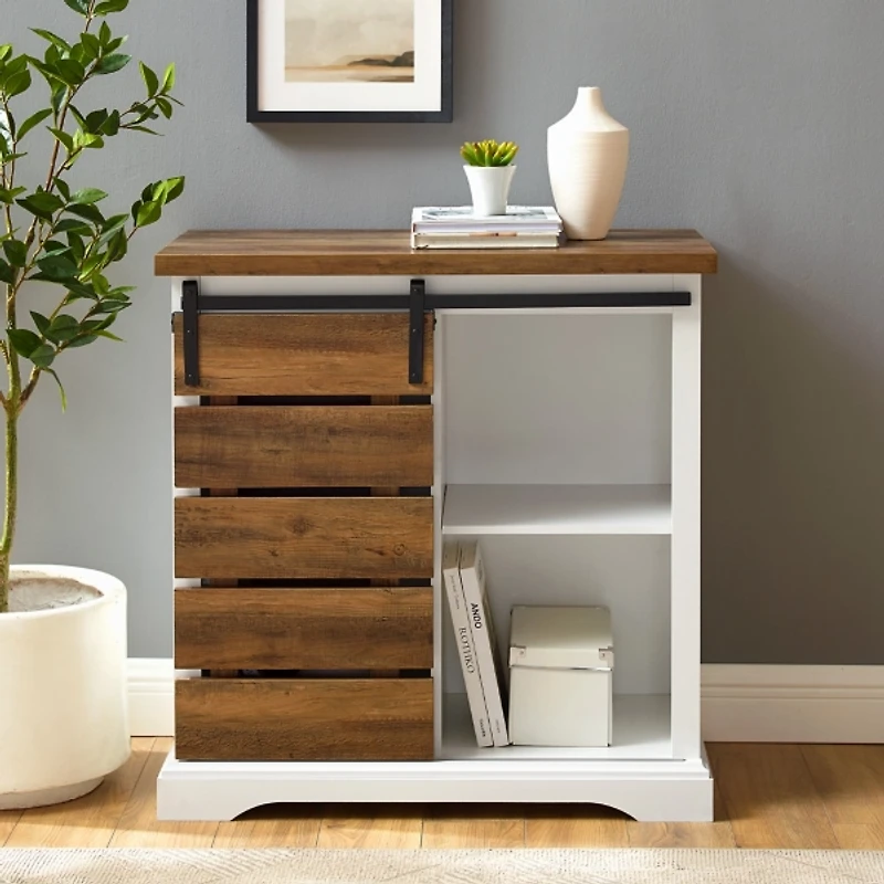 Slatted Sliding Barn Door White and Oak Cabinet