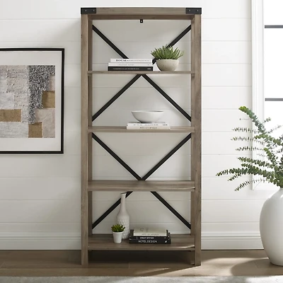 Gray Wash Metal X Frame Back Bookshelf