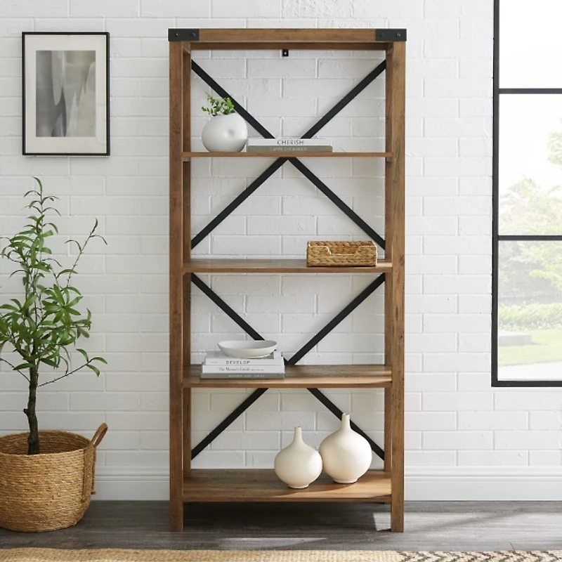 Rustic Oak Metal X Frame Back Bookshelf