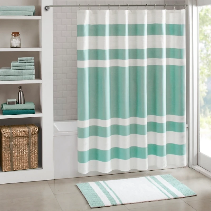 Green Stripe Waffle Weave Shower Curtain