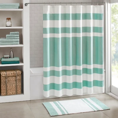 Green Stripe Waffle Weave Shower Curtain