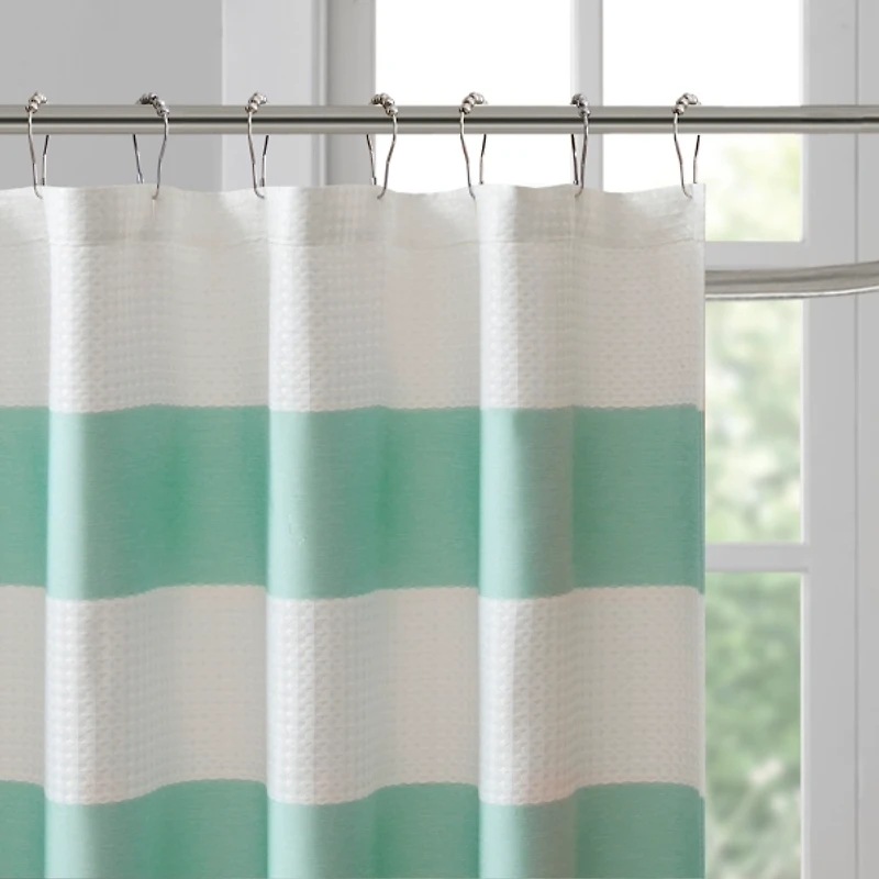 Green Stripe Waffle Weave Shower Curtain