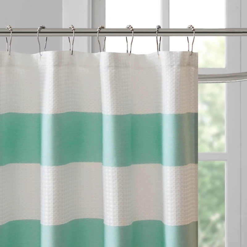Green Stripe Waffle Weave Shower Curtain