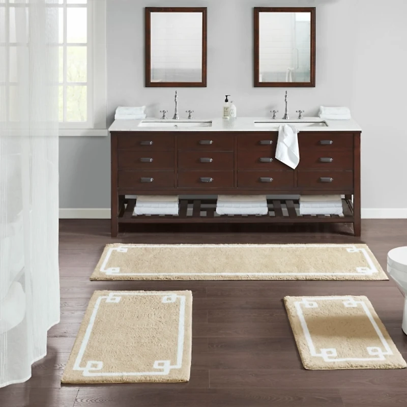 Tan Cotton Tufted Bath Runner with Border