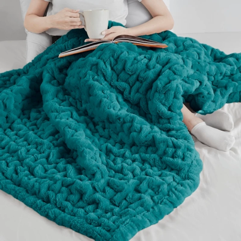 Teal Ruched Faux Fur Throw