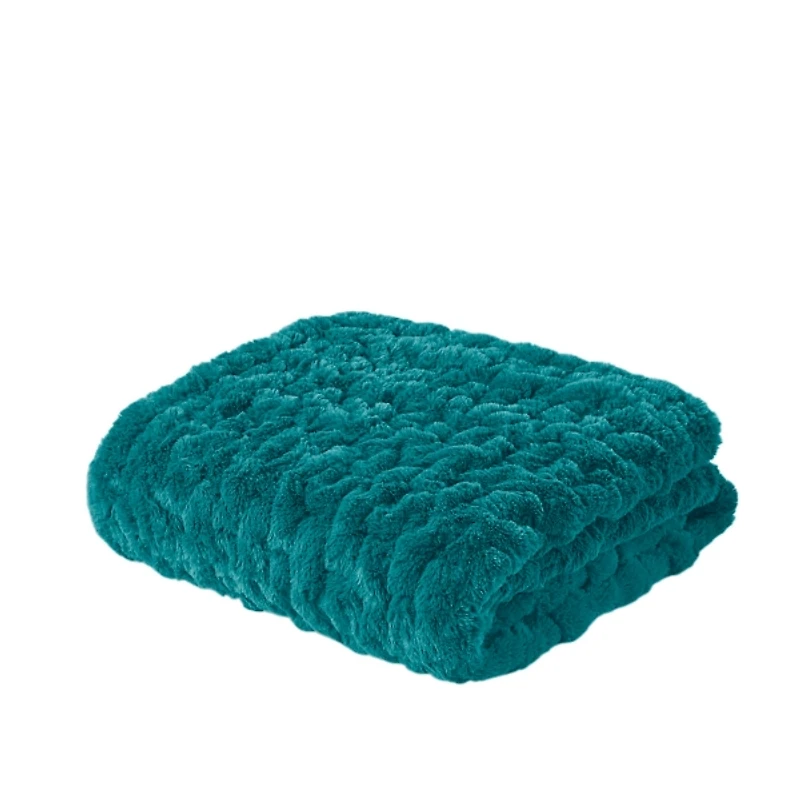 Teal Ruched Faux Fur Throw