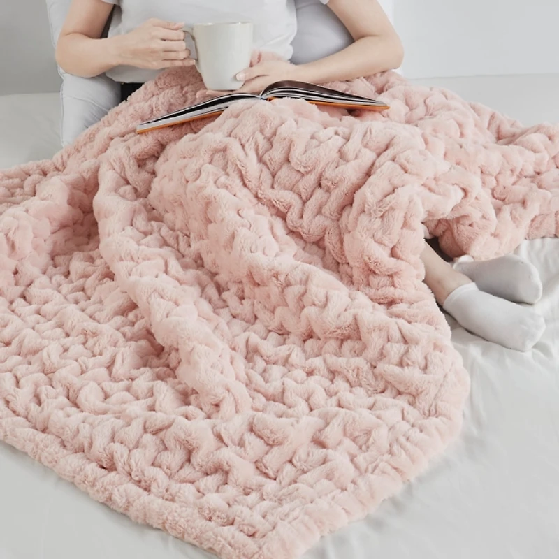 Blush Ruched Faux Fur Throw