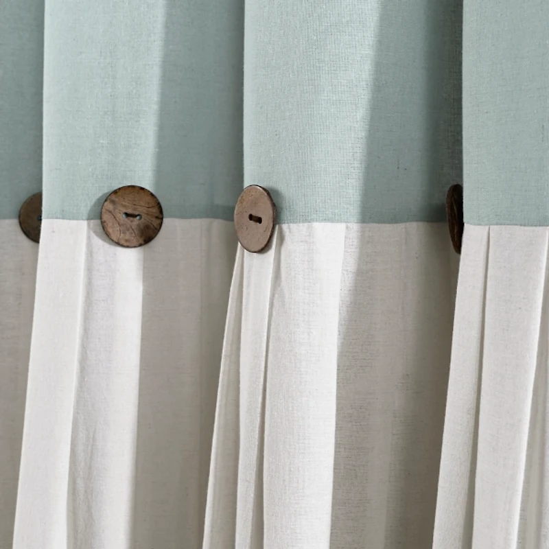 Blue and White Button Accent Linen Shower Curtain